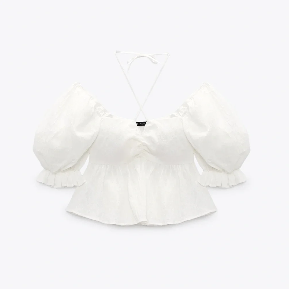 ZARA Oyster White Cotton Puff Sleeve Peplum
